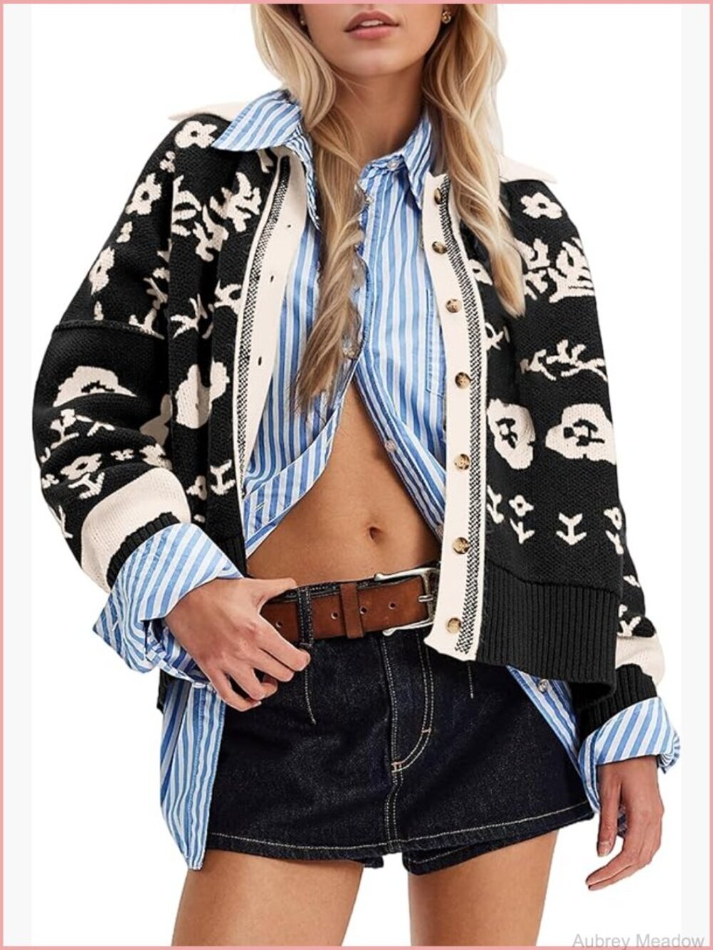 Floral Print Button Down Cardigan Sweater Long Sleeve V Neck Crop Top